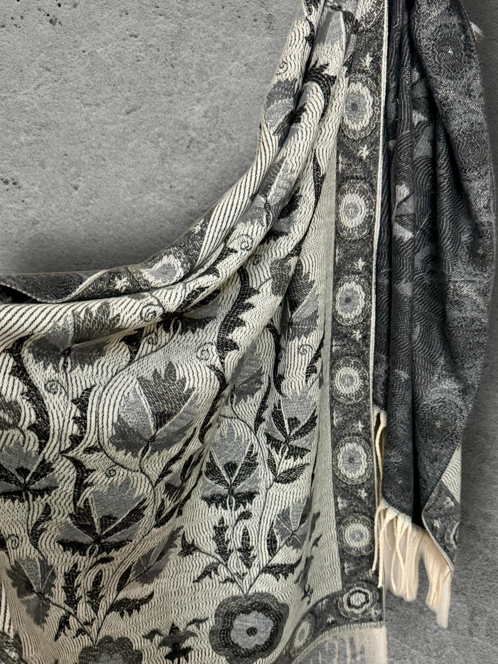 Reversible Grey Winter Scarf, Ivory Floral Bohemian Shawl, Monochrome Ultra Soft Women Wrap, Warm Gift for Her