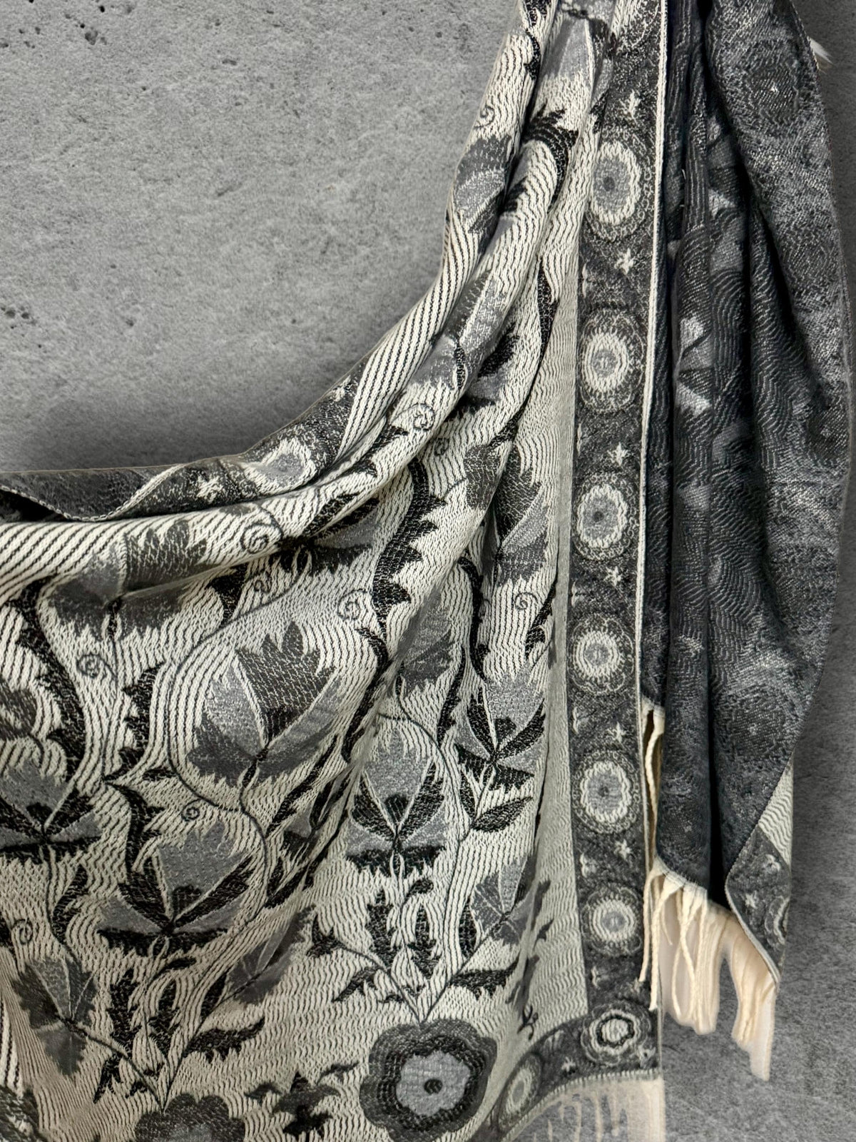 Reversible Grey Winter Scarf, Ivory Floral Bohemian Shawl, Monochrome Ultra Soft Women Wrap, Warm Gift for Her