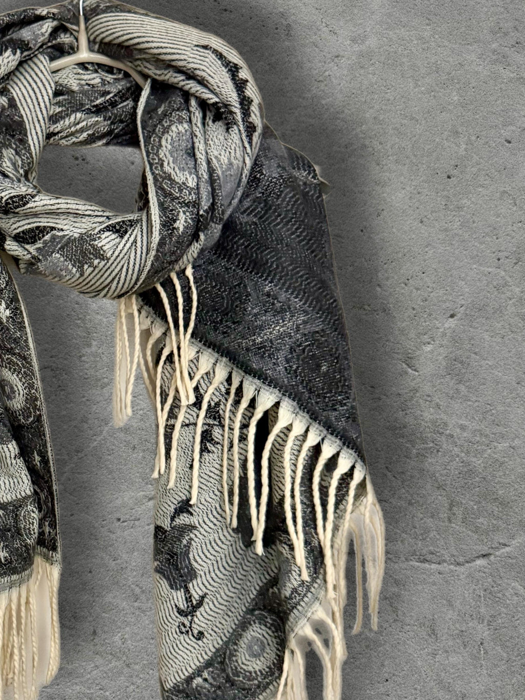 Reversible Grey Winter Scarf, Ivory Floral Bohemian Shawl, Monochrome Ultra Soft Women Wrap, Warm Gift for Her