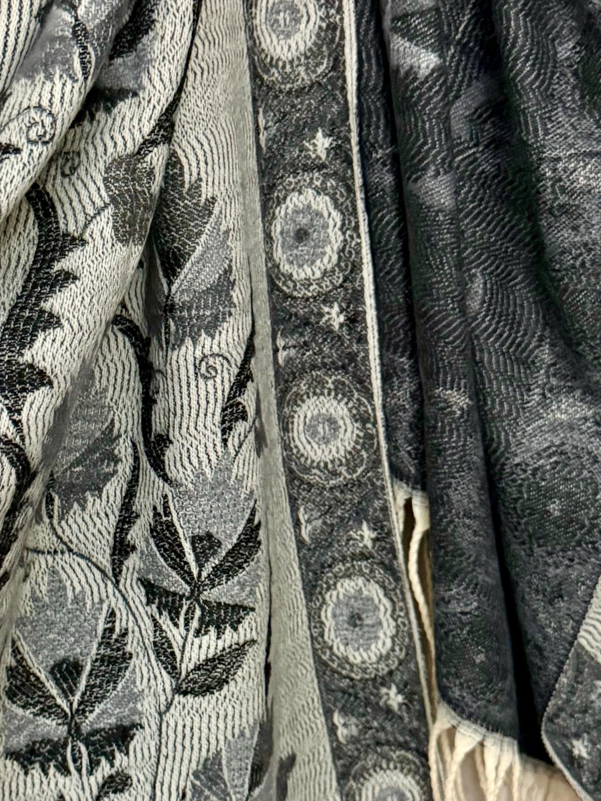 Reversible Grey Winter Scarf, Ivory Floral Bohemian Shawl, Monochrome Ultra Soft Women Wrap, Warm Gift for Her