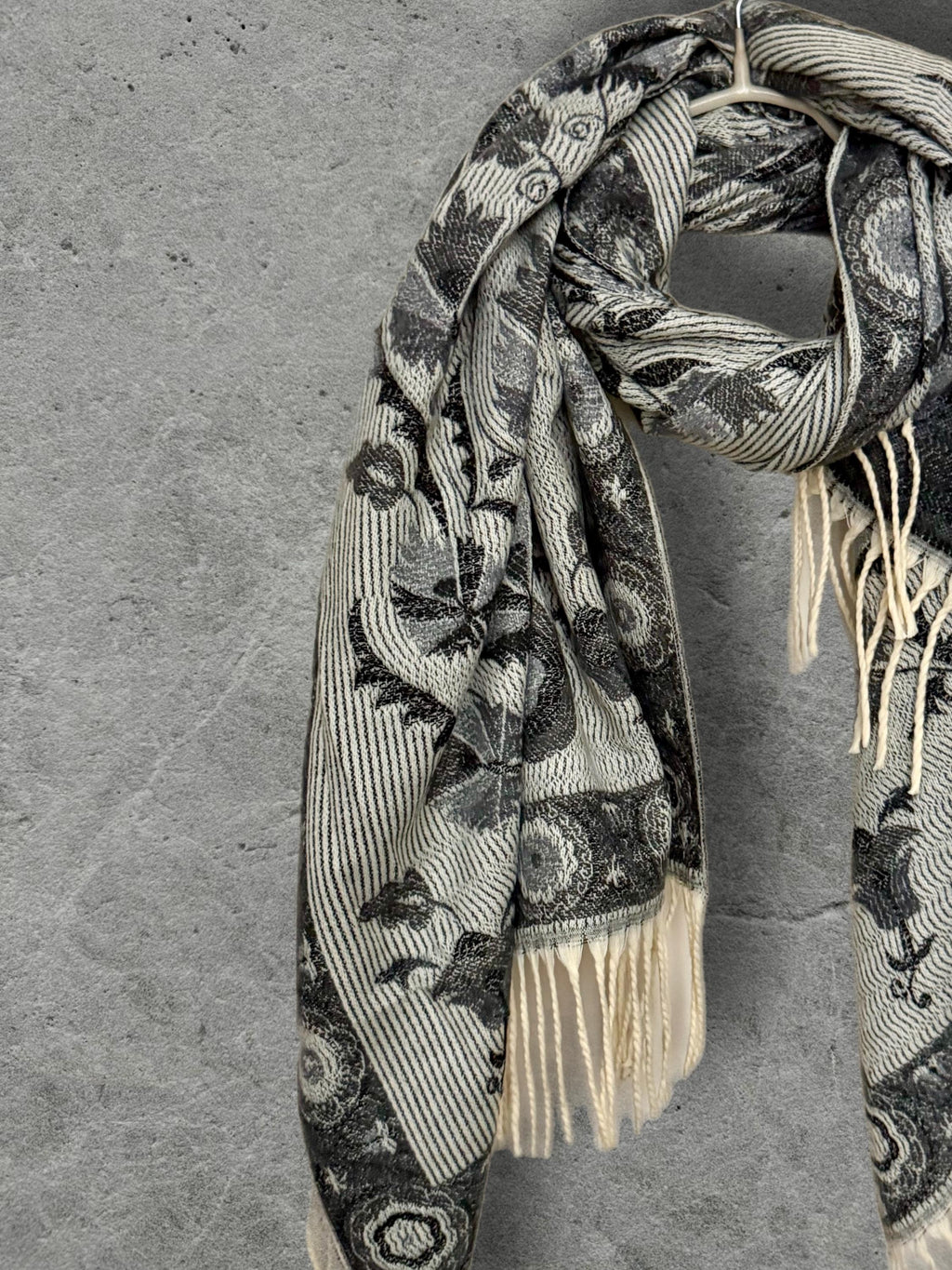 Reversible Grey Winter Scarf, Ivory Floral Bohemian Shawl, Monochrome Ultra Soft Women Wrap, Warm Gift for Her