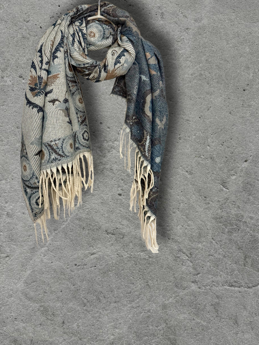 Beige Blue Taupe Floral Winter Scarf, Reversible Boho Shawl for Women, Ultra Soft Gold Weather Wrap, Warm Gift for Her