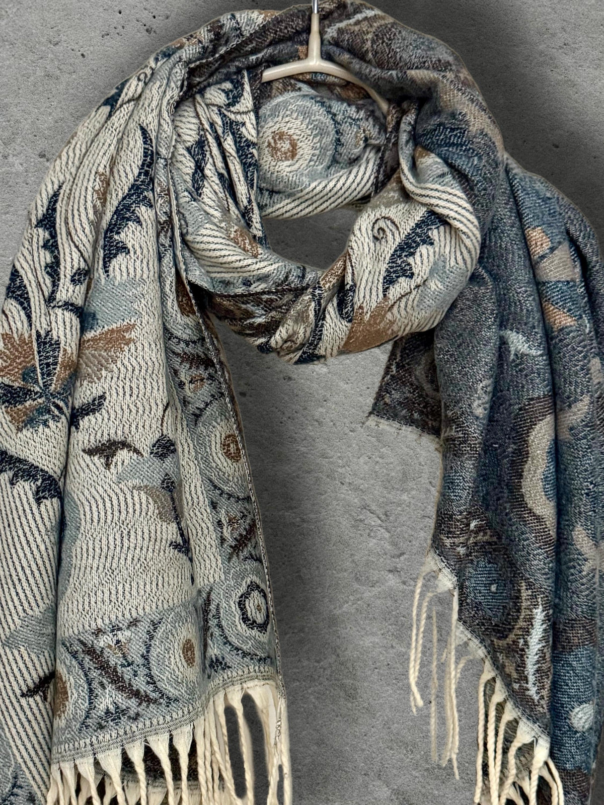 Beige Blue Taupe Floral Winter Scarf, Reversible Boho Shawl for Women, Ultra Soft Gold Weather Wrap, Warm Gift for Her