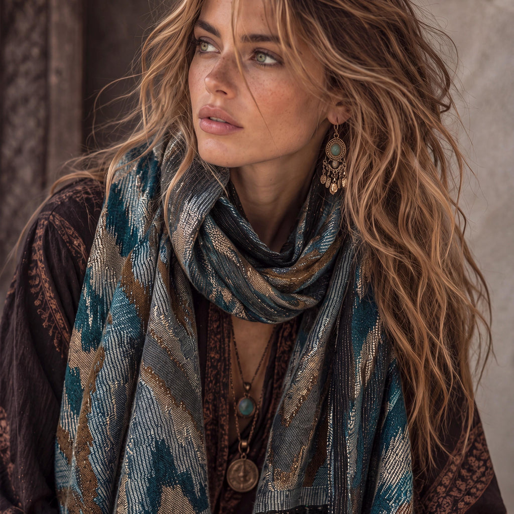 Teal Blue Abstract Winter Scarf, Ultra Soft Shawl, Warm Bohemian Zigzag Pattern Wrap for Women, Unique Christmas Gift for Her