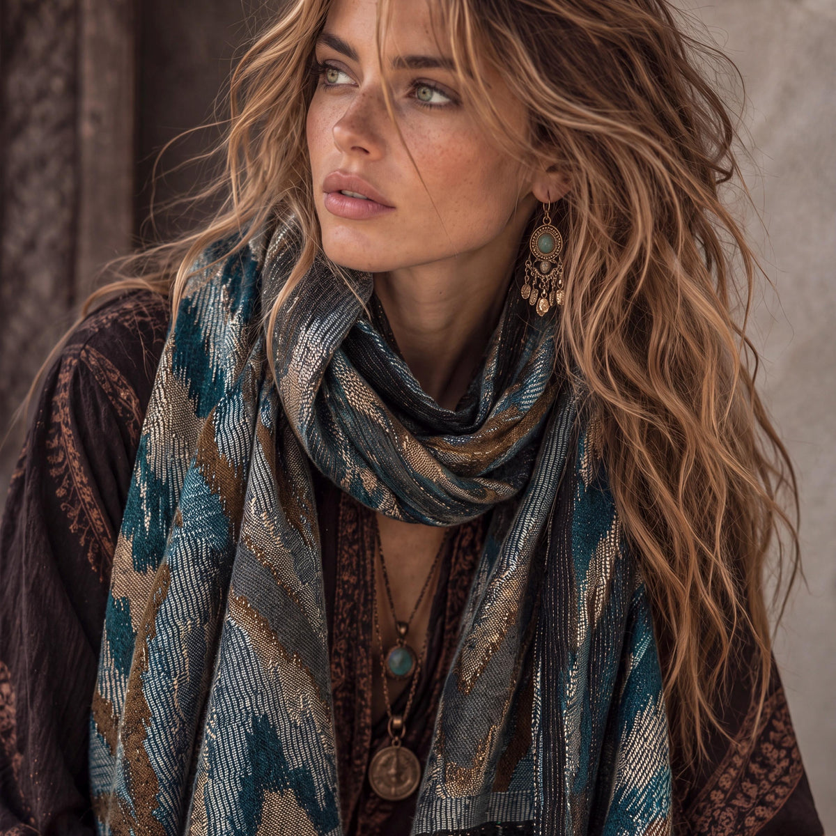 Teal Blue Abstract Winter Scarf, Ultra Soft Shawl, Warm Bohemian Zigzag Pattern Wrap for Women, Unique Christmas Gift for Her