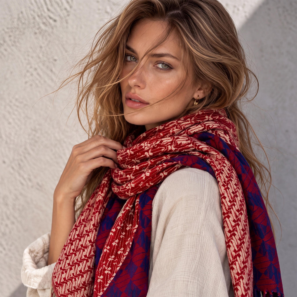 Burgundy Red Winter Scarf for Women,Heritage Mosaic Patterned Wrap,Ultra Soft Oversized Geometric Shawl,Thoughtful Christmas Gift