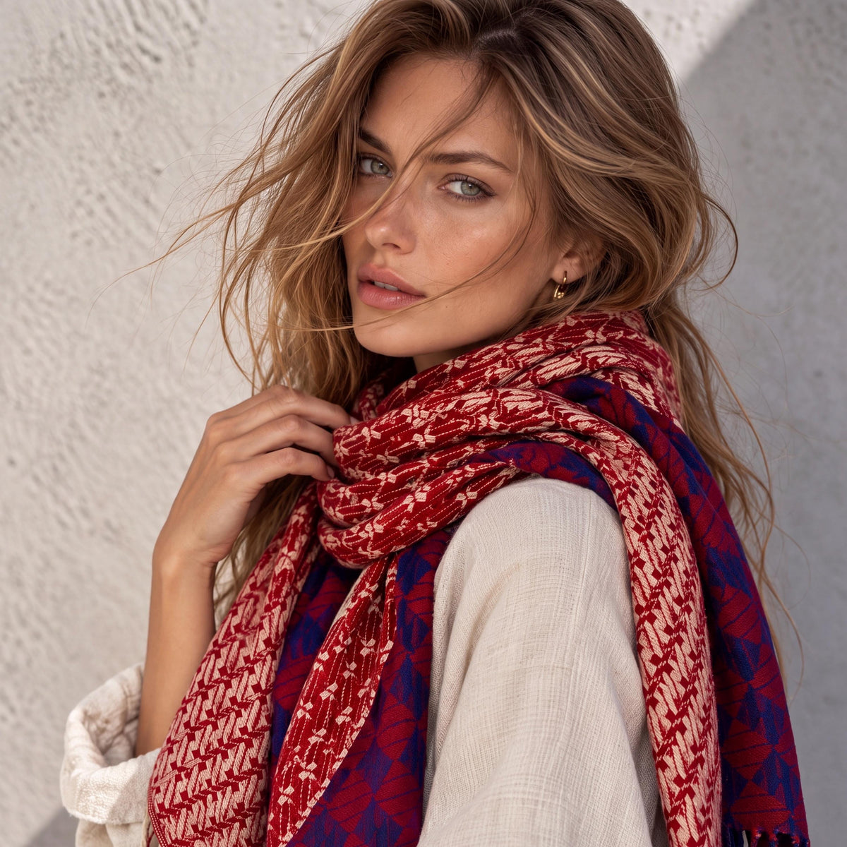 Burgundy Red Winter Scarf for Women,Heritage Mosaic Patterned Wrap,Ultra Soft Oversized Geometric Shawl,Thoughtful Christmas Gift
