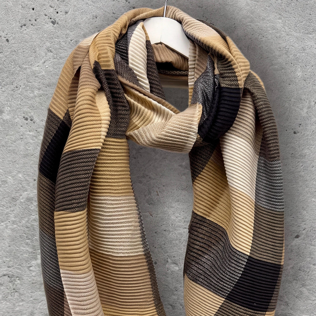Geometric Camel Beige Black Cream Winter Scarf,Featuring Color Block Pattern,Ultra Soft Neutral Wrap for Women,Minimalist Warm Gift for Her