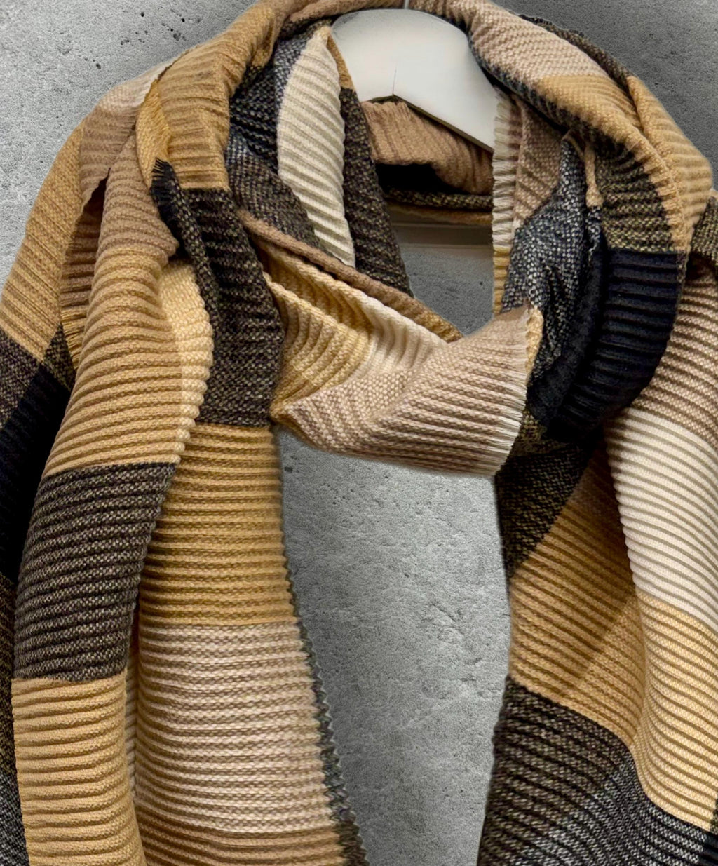 Geometric Camel Beige Black Cream Winter Scarf,Featuring Color Block Pattern,Ultra Soft Neutral Wrap for Women,Minimalist Warm Gift for Her