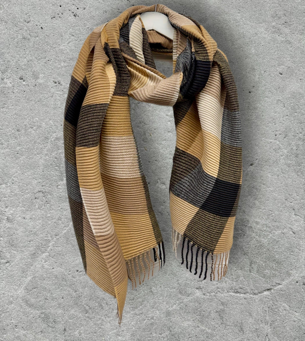Geometric Camel Beige Black Cream Winter Scarf,Featuring Color Block Pattern,Ultra Soft Neutral Wrap for Women,Minimalist Warm Gift for Her