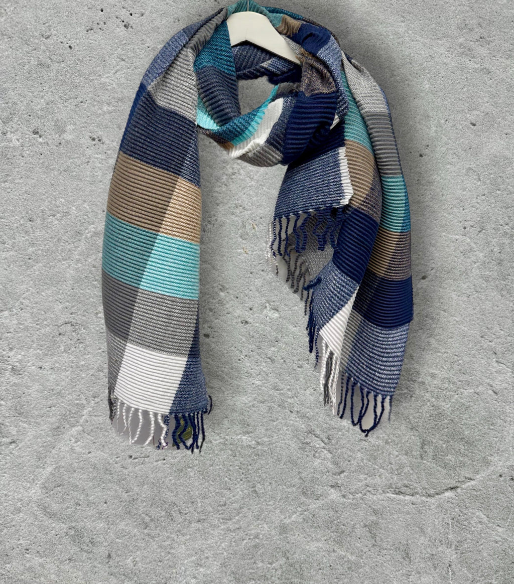 Geometric Aqua Blue Navy Teal Winter Scarf,Featuring Colour Block Pattern,Cozy Wrap for Women,Ultra Soft Warm Gift for Her