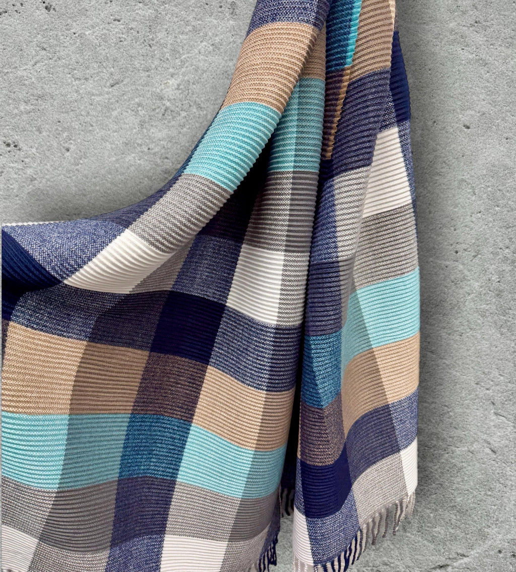 Geometric Aqua Blue Navy Teal Winter Scarf,Featuring Colour Block Pattern,Cozy Wrap for Women,Ultra Soft Warm Gift for Her