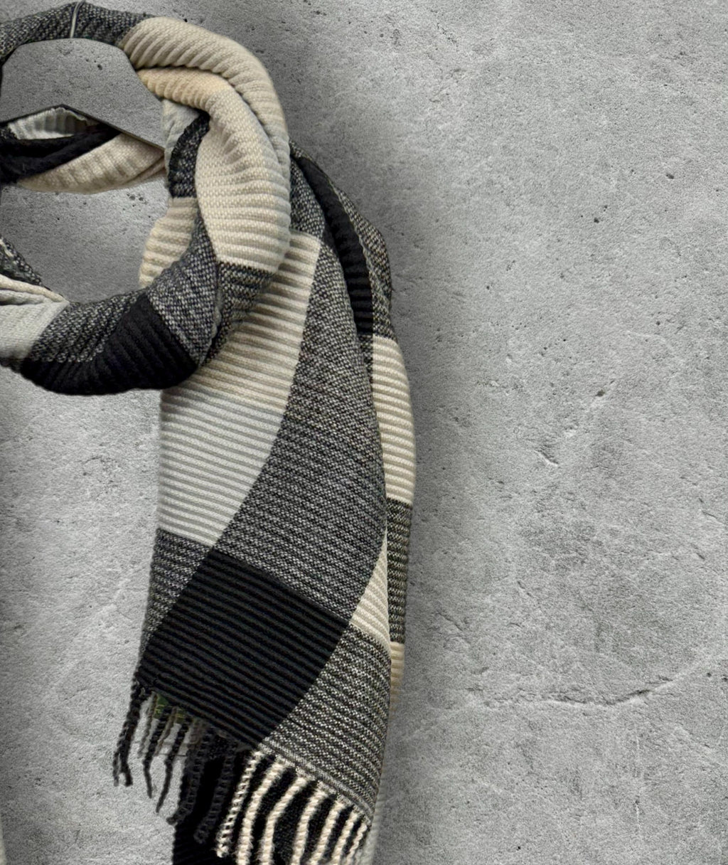 Unisex Monochrome Black Cream Grey Winter Scarf,Featuring Patchwork Colour Block Pattern,Ultra Soft Warm Wrap,Cosy Gift for Him or Her