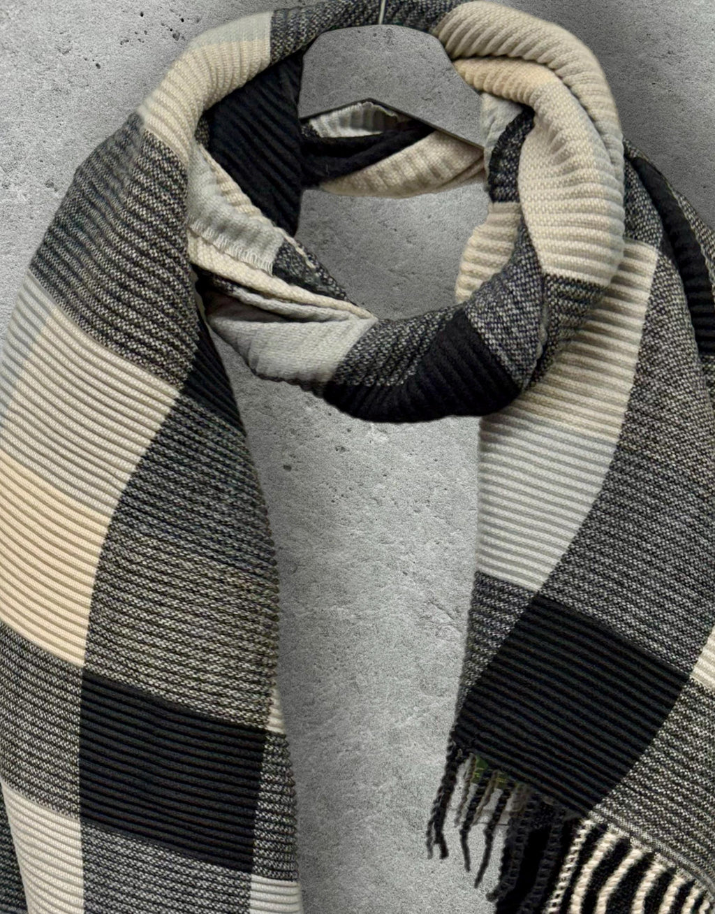 Unisex Monochrome Black Cream Grey Winter Scarf,Featuring Patchwork Colour Block Pattern,Ultra Soft Warm Wrap,Cosy Gift for Him or Her