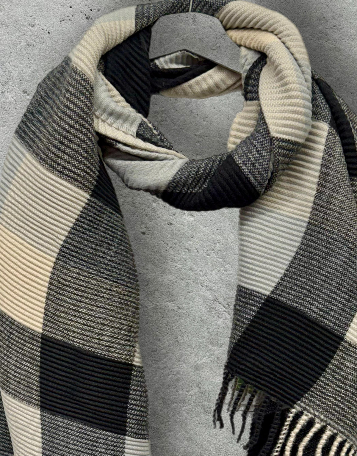 Unisex Monochrome Black Cream Grey Winter Scarf,Featuring Patchwork Colour Block Pattern,Ultra Soft Warm Wrap,Cosy Gift for Him or Her