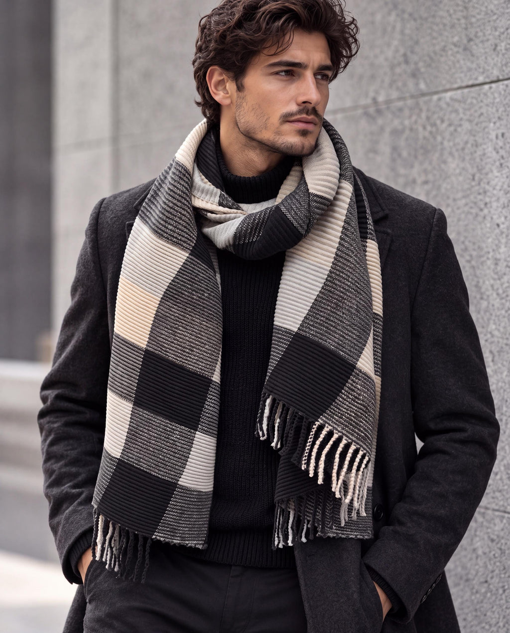Unisex Monochrome Black Cream Grey Winter Scarf,Featuring Patchwork Colour Block Pattern,Ultra Soft Warm Wrap,Cosy Gift for Him or Her