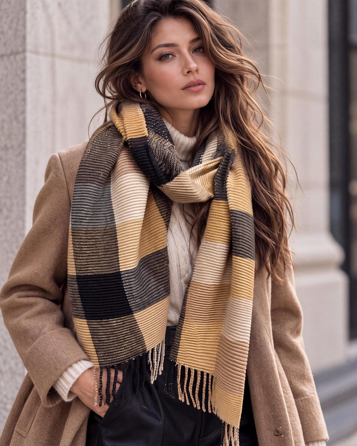 Geometric Camel Beige Black Cream Winter Scarf,Featuring Color Block Pattern,Ultra Soft Neutral Wrap for Women,Minimalist Warm Gift for Her