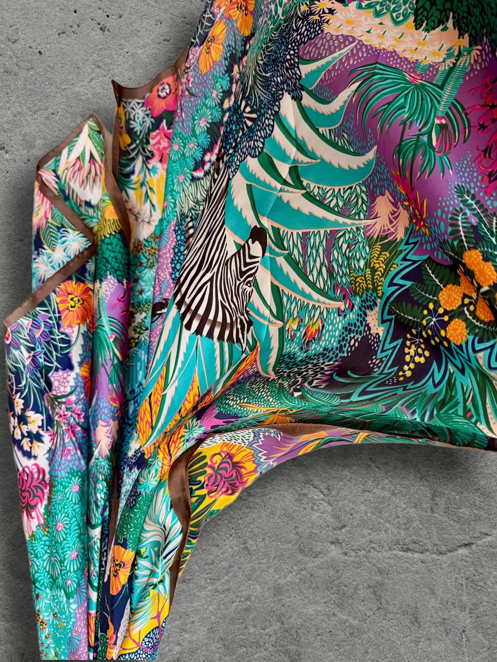 Turquoise Zebra Print Scarf, Colourful Tropical Floral Wrap with Brown Border