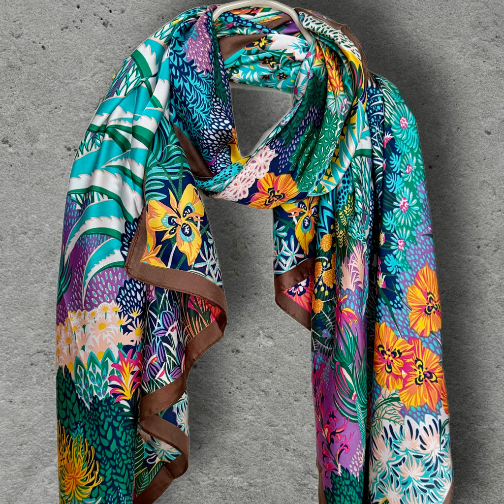 Turquoise Zebra Print Scarf, Colourful Tropical Floral Wrap with Brown Border