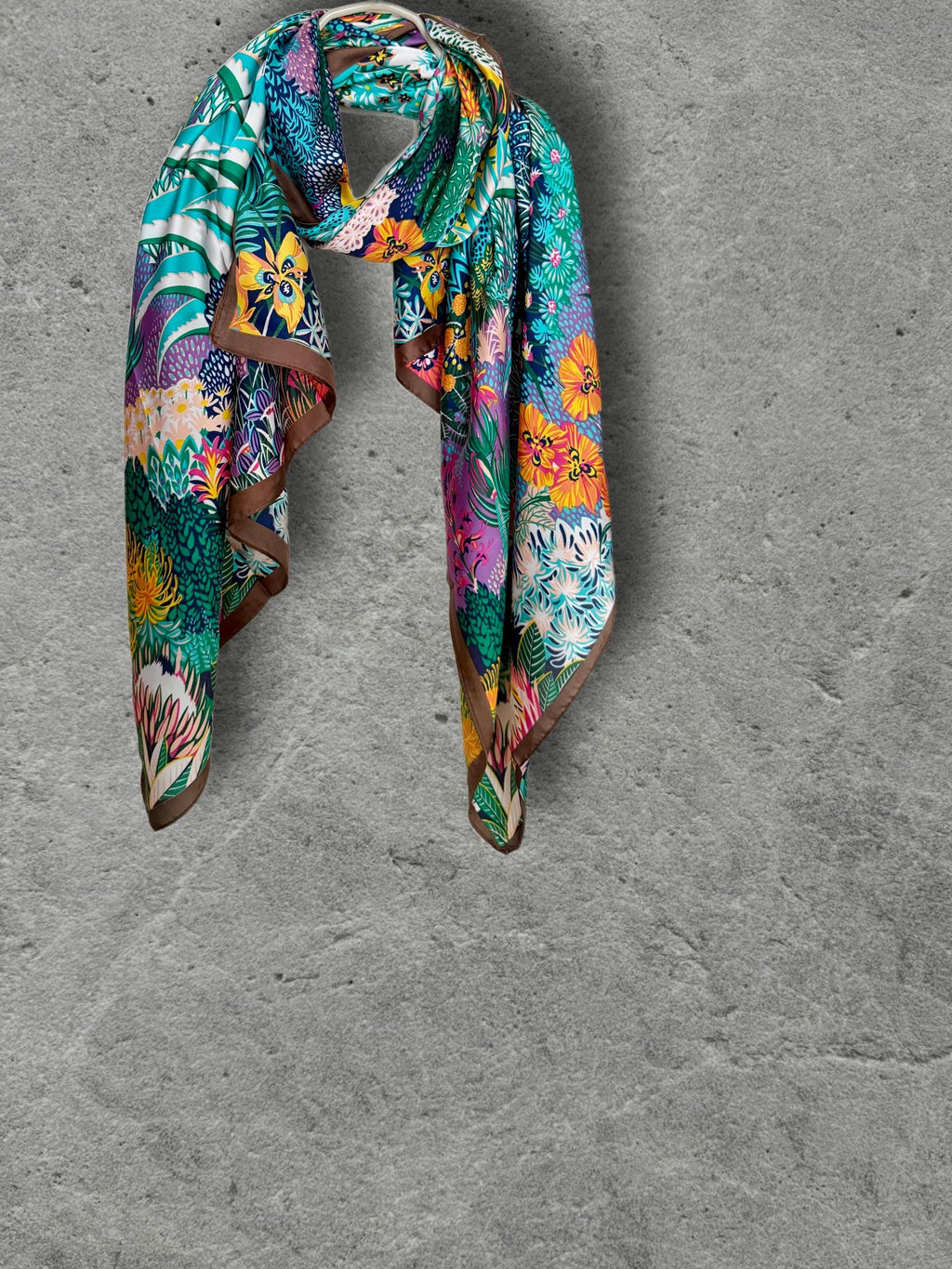 Turquoise Zebra Print Scarf, Colourful Tropical Floral Wrap with Brown Border