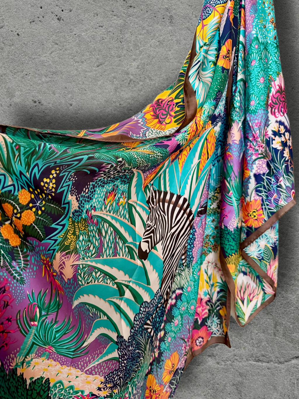 Turquoise Zebra Print Scarf, Colourful Tropical Floral Wrap with Brown Border