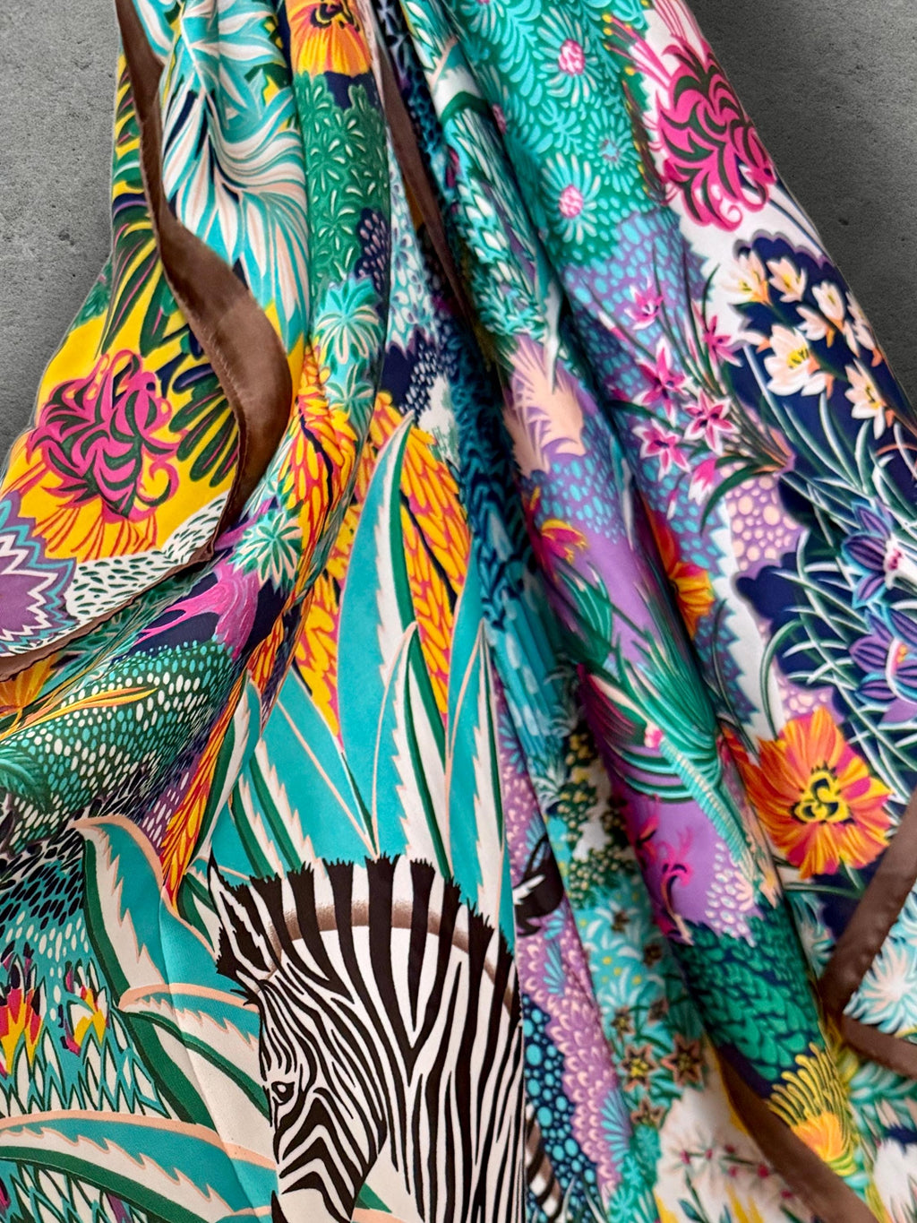 Turquoise Zebra Print Scarf, Colourful Tropical Floral Wrap with Brown Border