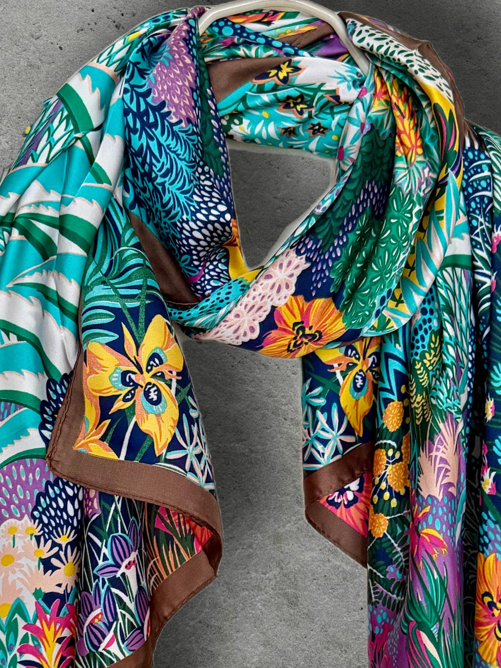 Turquoise Zebra Print Scarf, Colourful Tropical Floral Wrap with Brown Border