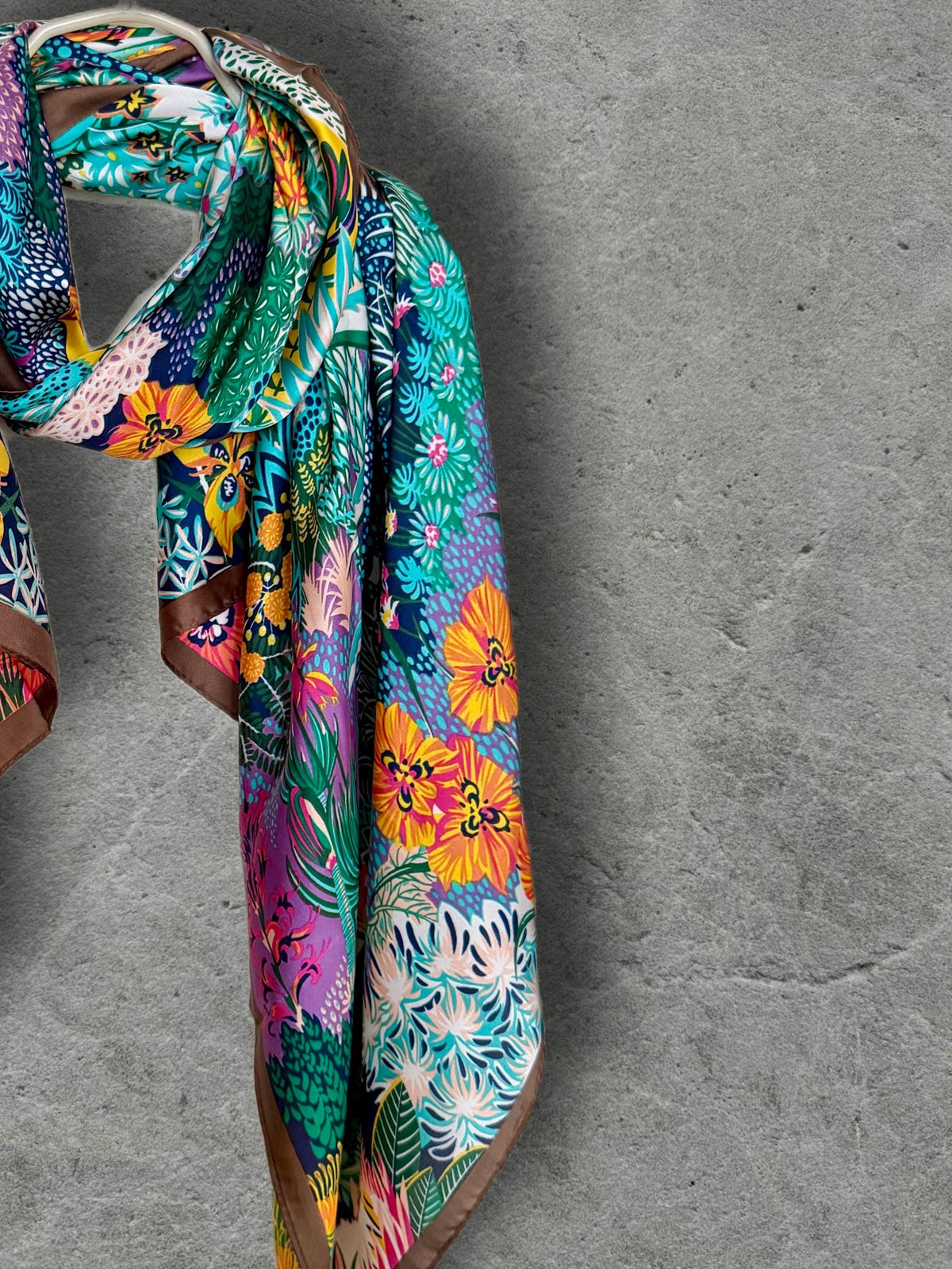 Turquoise Zebra Print Scarf, Colourful Tropical Floral Wrap with Brown Border