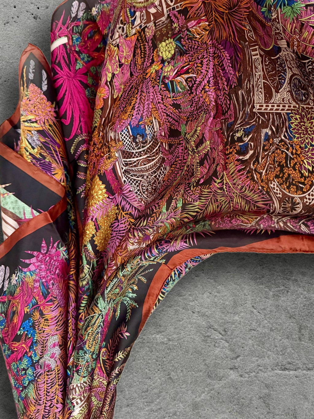 Pink and Brown Botanical Scarf, Ornate Garden Print Wrap with Rust Border