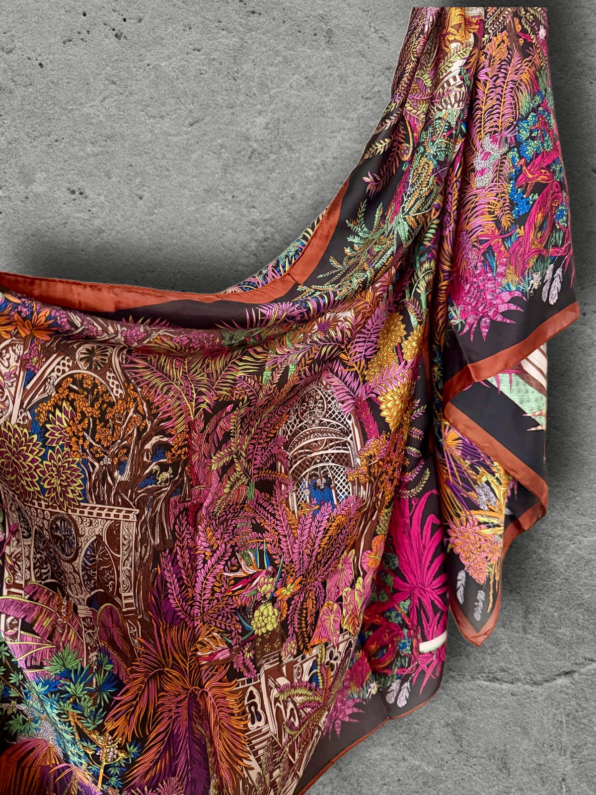 Pink and Brown Botanical Scarf, Ornate Garden Print Wrap with Rust Border