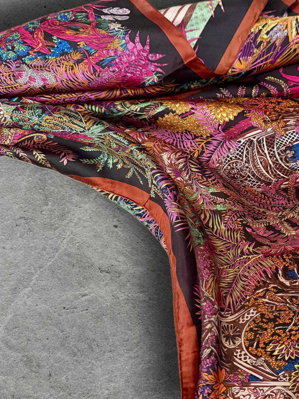 Pink and Brown Botanical Scarf, Ornate Garden Print Wrap with Rust Border