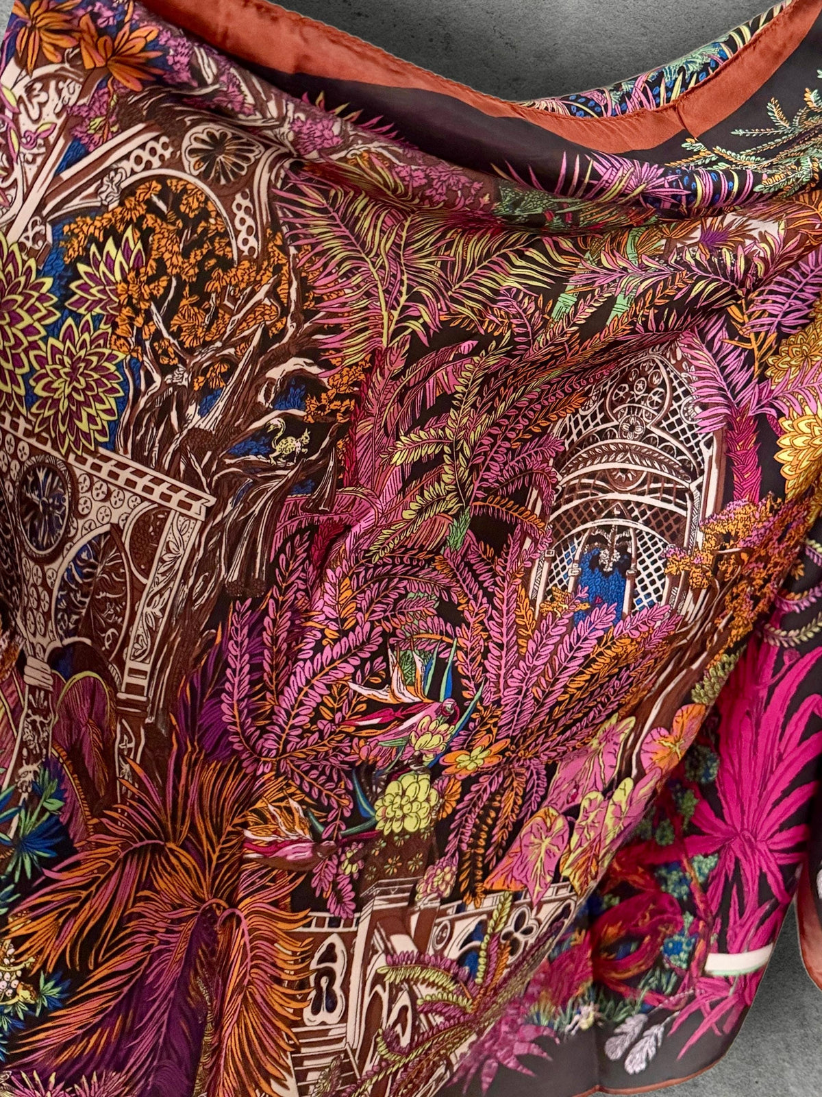 Pink and Brown Botanical Scarf, Ornate Garden Print Wrap with Rust Border