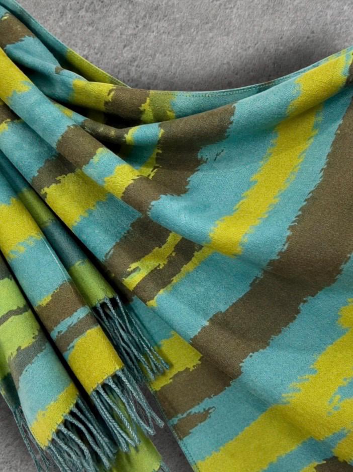 Lime Green Aqua Blue Brushed Abstract Winter Scarf, Reversible Warm Wrap, Ultra Soft Shawl for Women, Ideal Gifts for Her