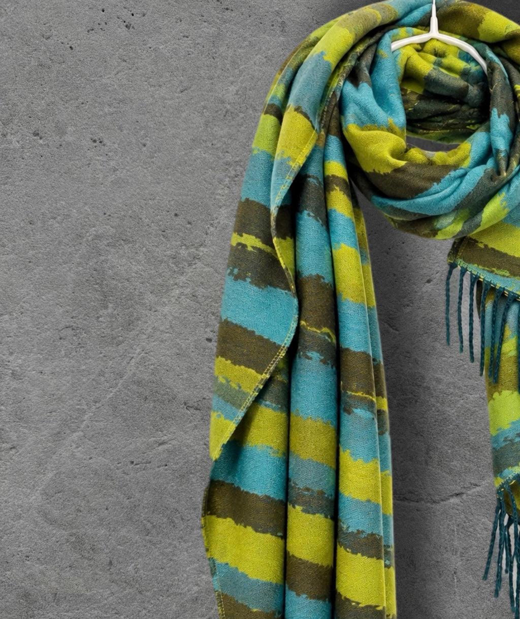Lime Green Aqua Blue Brushed Abstract Winter Scarf, Reversible Warm Wrap, Ultra Soft Shawl for Women, Ideal Gifts for Her