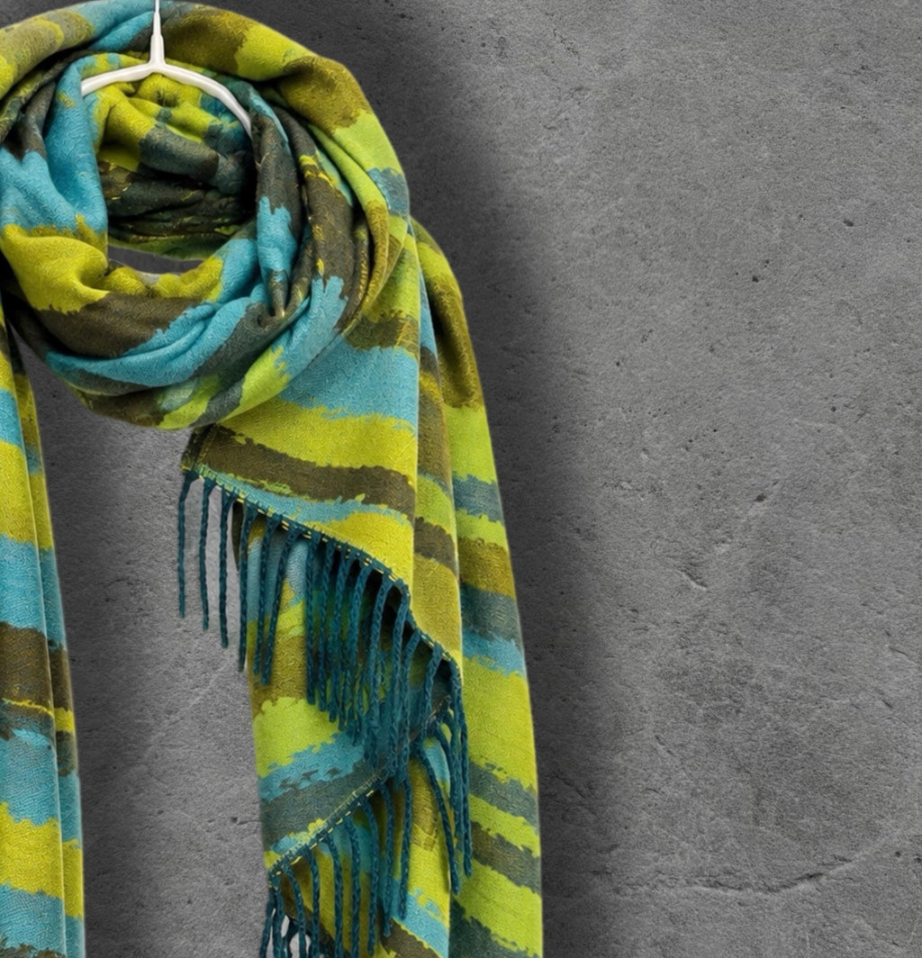 Lime Green Aqua Blue Brushed Abstract Winter Scarf, Reversible Warm Wrap, Ultra Soft Shawl for Women, Ideal Gifts for Her