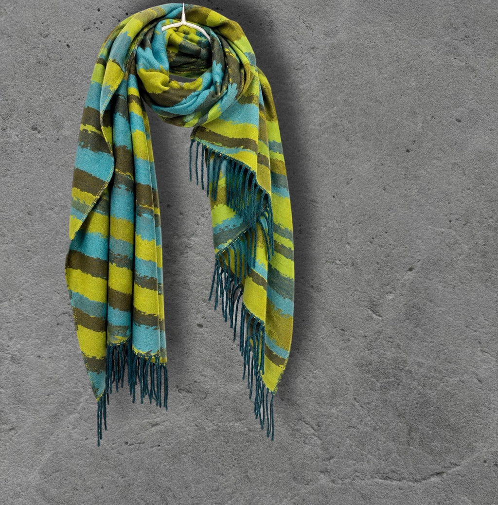 Lime Green Aqua Blue Brushed Abstract Winter Scarf, Reversible Warm Wrap, Ultra Soft Shawl for Women, Ideal Gifts for Her