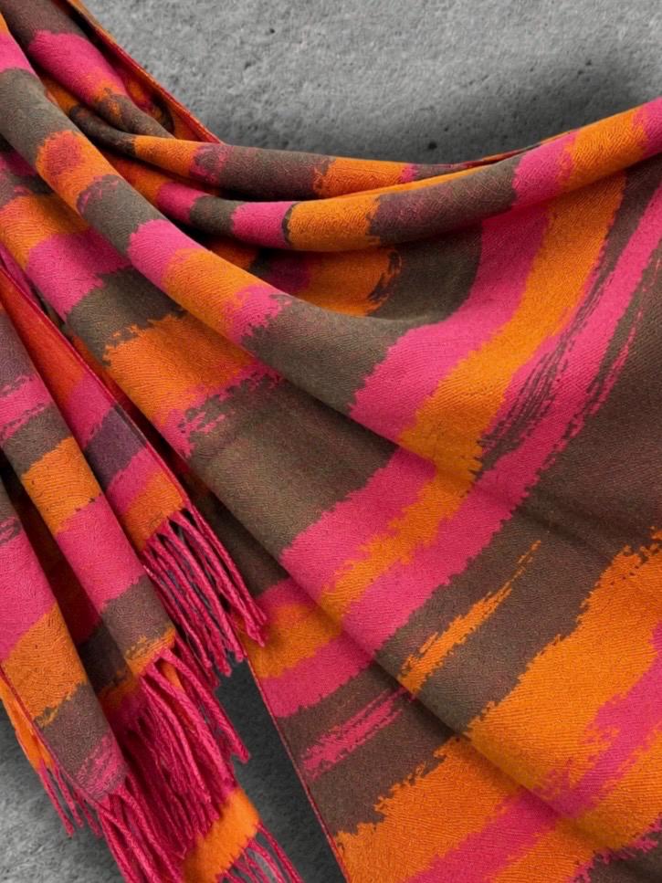 Orange and Hot Pink Winter Scarf, Abstract Brushed Wrap for Women, Colourful Boho Shawl, Warm Gifts for Her