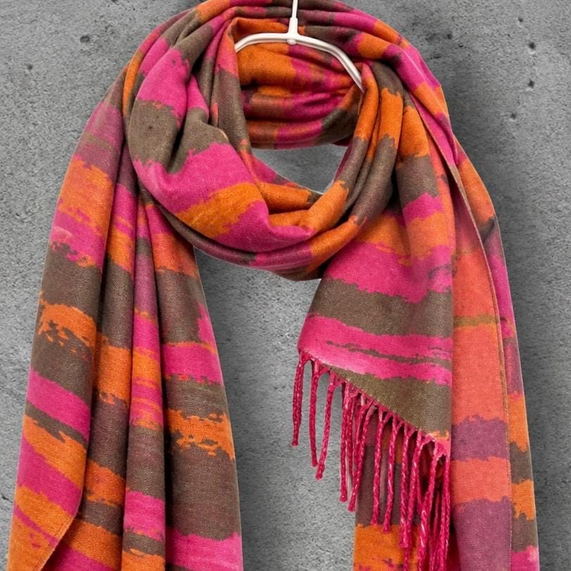 Orange and Hot Pink Winter Scarf, Abstract Brushed Wrap for Women, Colourful Boho Shawl, Warm Gifts for Her