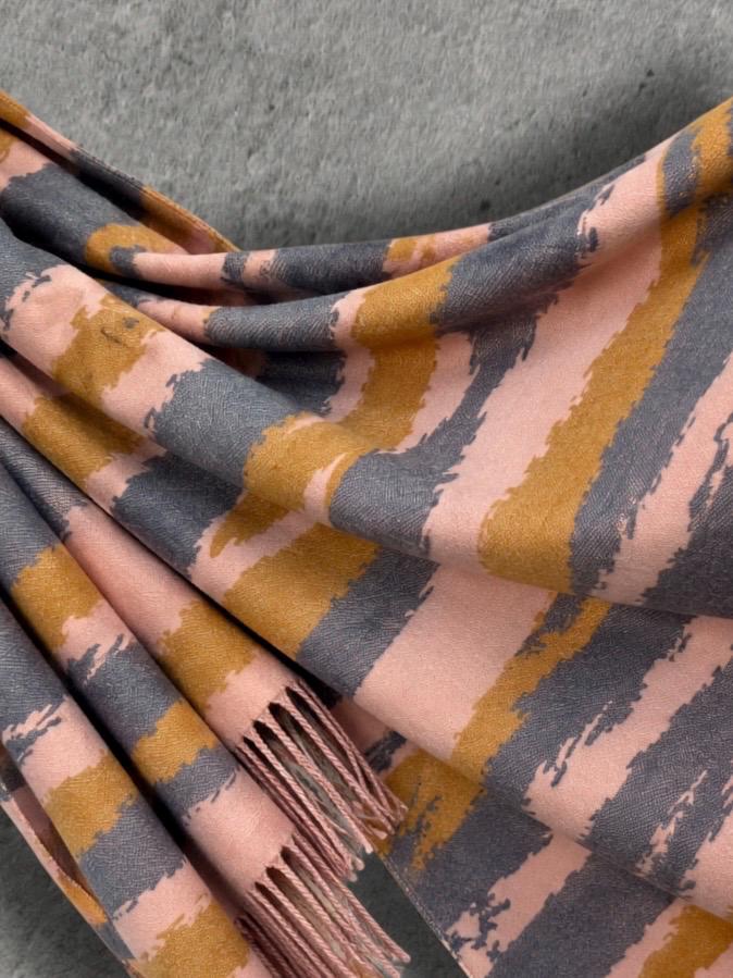Blush Pink Grey Mustard Brrushed Abstract Winter Scarf, Reversible Warm Shawl for Women, Cozy Bohemian Wrap,Ideal Gift for Her