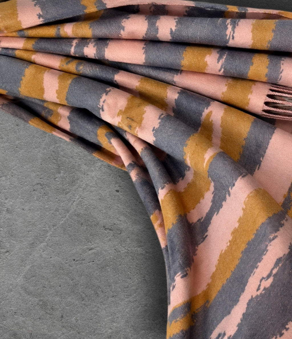 Blush Pink Grey Mustard Brrushed Abstract Winter Scarf, Reversible Warm Shawl for Women, Cozy Bohemian Wrap,Ideal Gift for Her