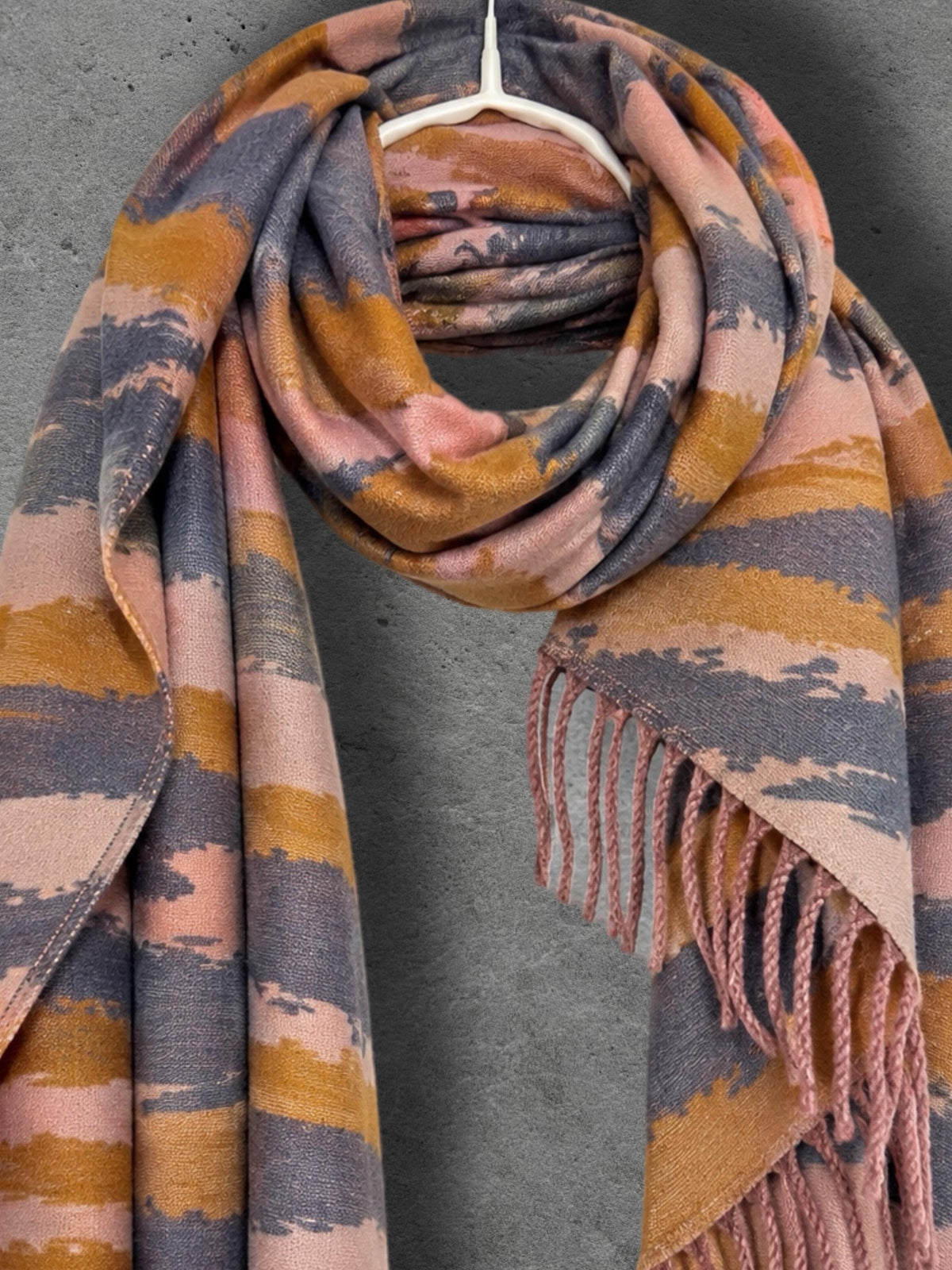 Blush Pink Grey Mustard Brrushed Abstract Winter Scarf, Reversible Warm Shawl for Women, Cozy Bohemian Wrap,Ideal Gift for Her