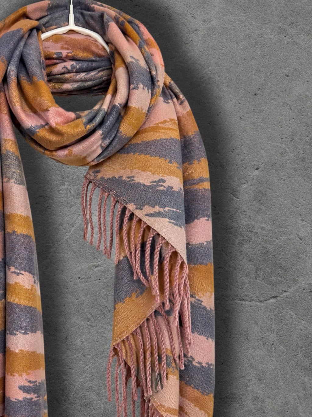 Blush Pink Grey Mustard Brrushed Abstract Winter Scarf, Reversible Warm Shawl for Women, Cozy Bohemian Wrap,Ideal Gift for Her