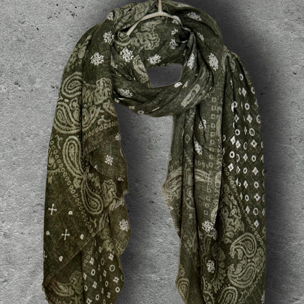 Olive Green Paisley Scarf for Women,Cotton Viscose Blend Boho Wrap,Vintage Bandana Print Shawl, Autumn Accessory,Ideal Gift for Her