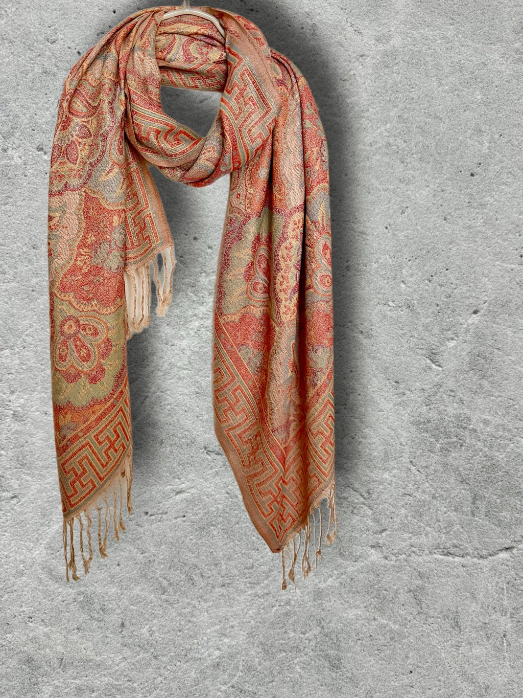 Coral Beige Damask Scarf, Cotton Viscose Blend Pashmina Style Autumn Winter Shawl