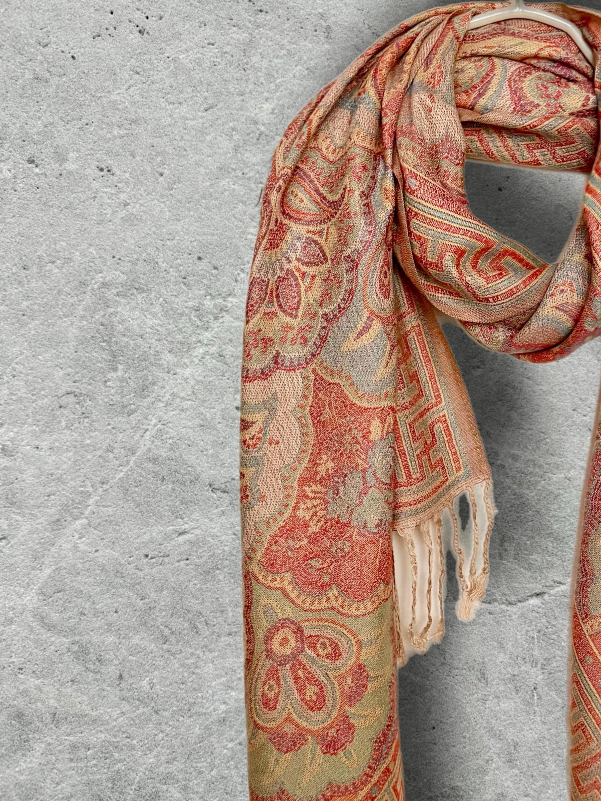 Coral Beige Damask Scarf, Cotton Viscose Blend Pashmina Style Autumn Winter Shawl