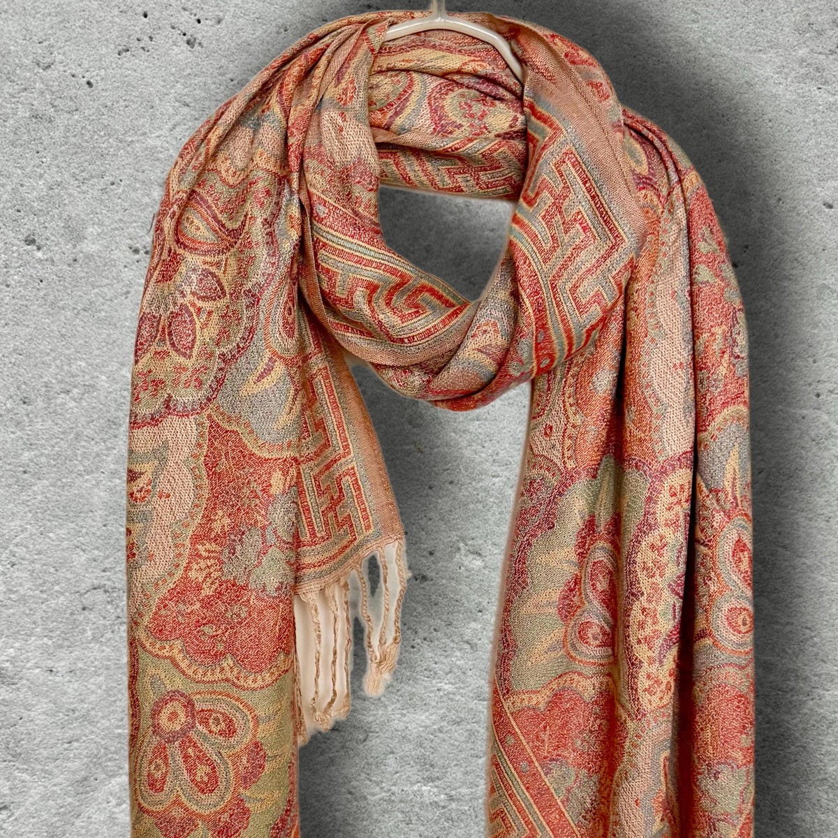 Coral Beige Damask Scarf, Cotton Viscose Blend Pashmina Style Autumn Winter Shawl