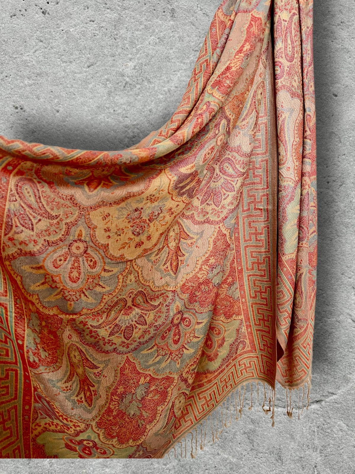 Coral Beige Damask Scarf, Cotton Viscose Blend Pashmina Style Autumn Winter Shawl