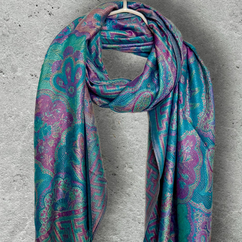 Turquoise Lilac Floral Scarf, Fringed Cotton Viscose Pashmina Style Autumn Winter Wrap