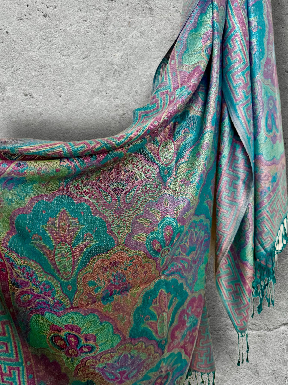 Turquoise Lilac Floral Scarf, Fringed Cotton Viscose Pashmina Style Autumn Winter Wrap