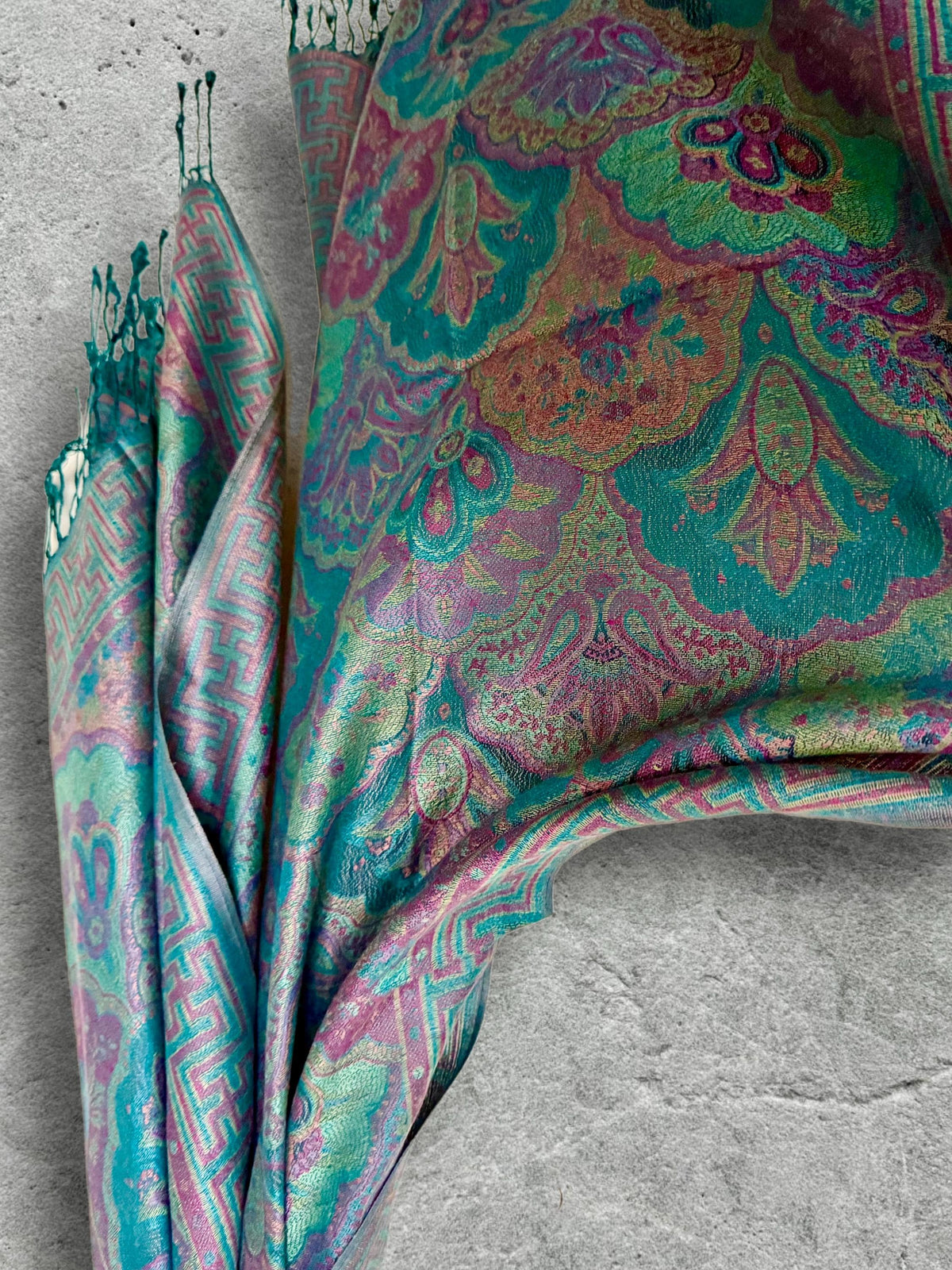 Turquoise Lilac Floral Scarf, Fringed Cotton Viscose Pashmina Style Autumn Winter Wrap